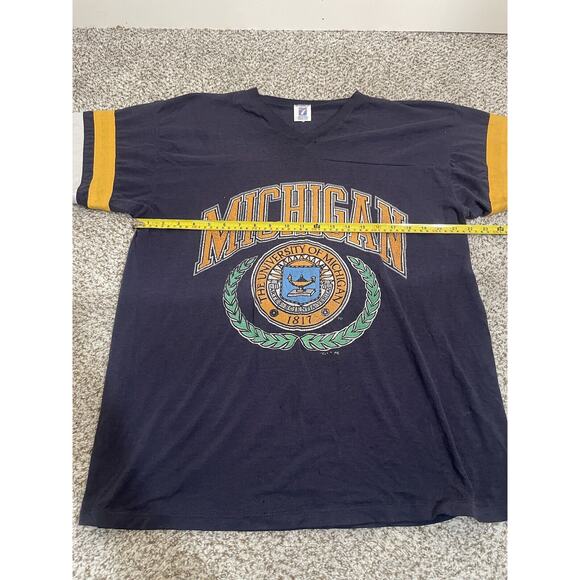 VTG Logo 7 Michigan Wolverines V-Neck T-Shirt 90s Striped Sleeve XL Distressed - Picture 9 of 11